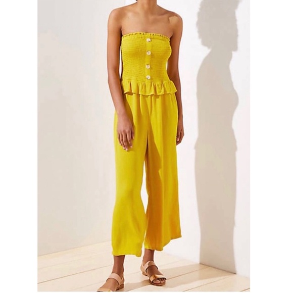 Ann Taylor LOFT Beach Smocked Ruffle Strapless Crop Wide Leg Jumpsuit Yellow XS - Picture 1 of 9
